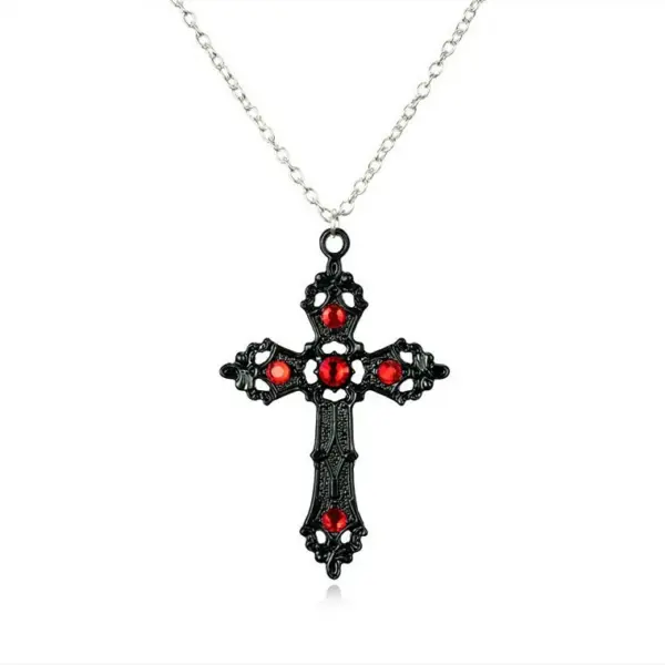 Gothic Silver Cross Necklace with Crystals - Image 7