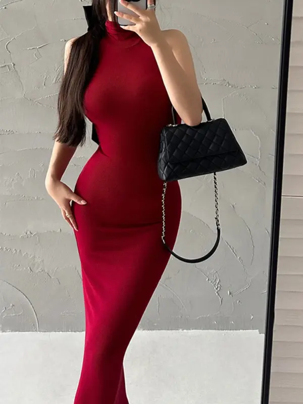 Red Turtleneck Midi Dress for Women - Image 2