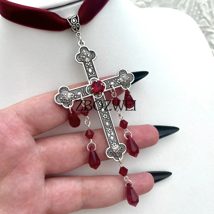 Neo-Gothic Red Velvet Cross Choker 2 Neo-Gothic Red Velvet Cross Choker - Image 2