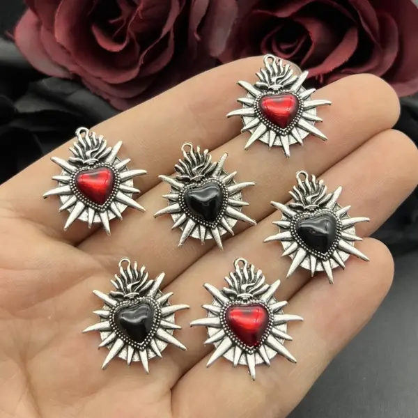 6pcs Flaming Sacred Heart Charms Pendant Set - Image 2
