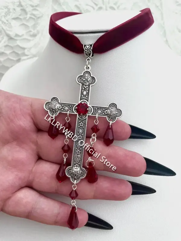 Large Red Gothic Cross Velvet Choker - Image 6