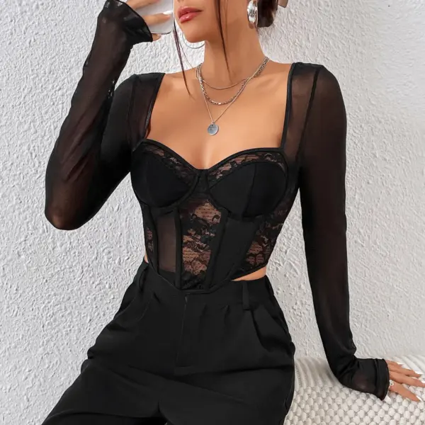 Chic Black Lace V-Neck Crop Top Blouse - Image 7