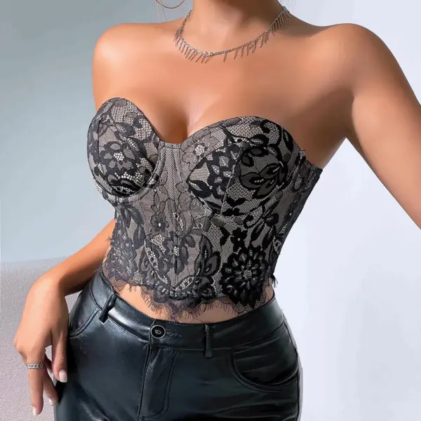 Lace Floral Strapless Crop Top for Women - Image 6