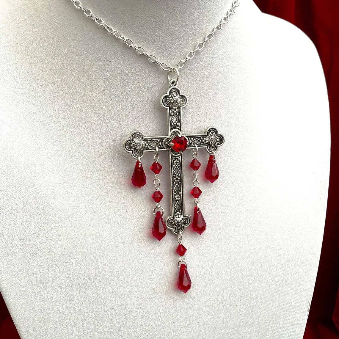 Neo-Gothic Red Velvet Cross Choker 14 Neo-Gothic Red Velvet Cross Choker - Image 14