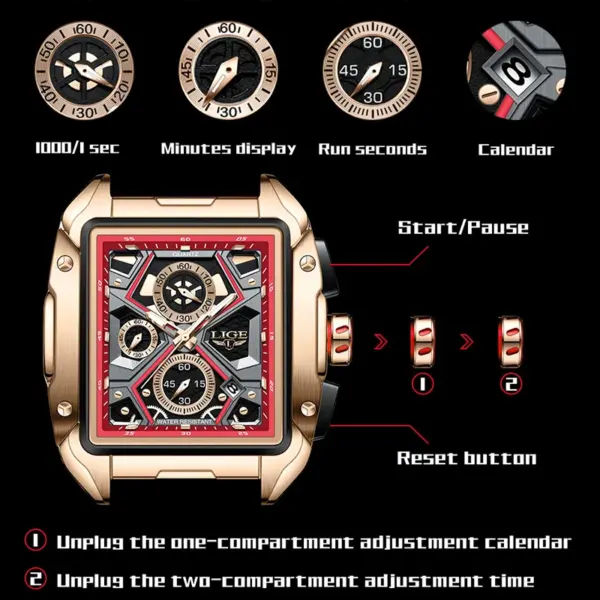 LIGE 2023 Square Quartz Sports Watch - Image 3