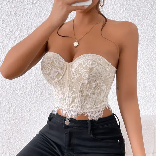 Lace Floral Strapless Crop Top for Women - Image 3