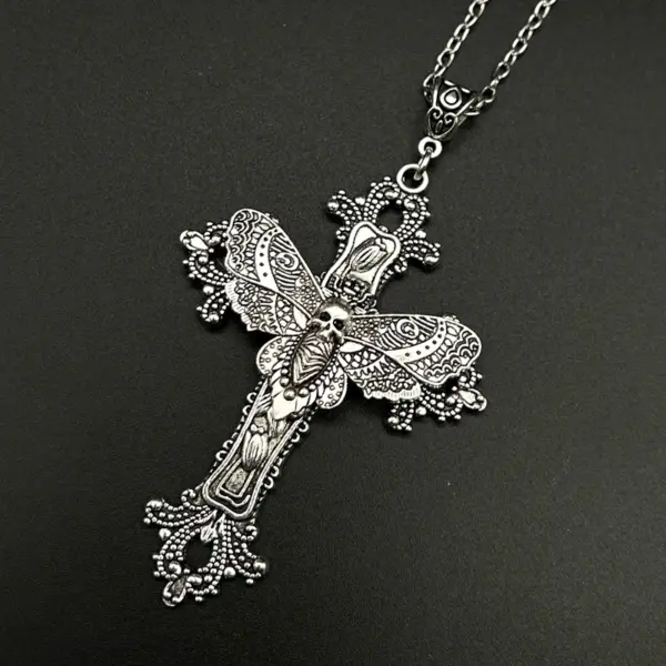 Gothic Cross Moth Pendant Necklace 50cm - Image 2