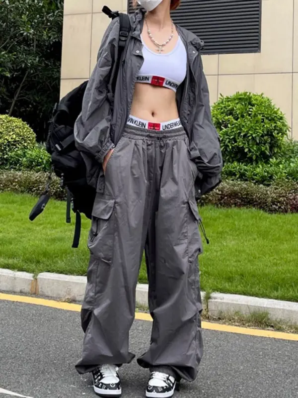 Y2K Black Cargo Parachute Pants for Women - Image 3