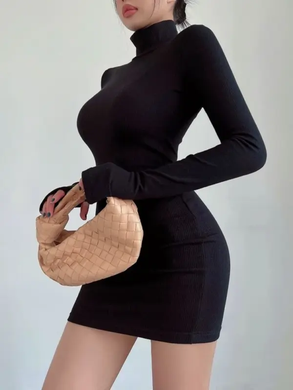 Turtleneck Mini Dress for Women in Black - Image 2