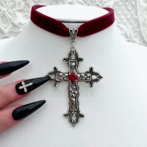Neo-Gothic Red Velvet Cross Choker 36 S52df5897fb6142c99d0bbba8fa1c589fg