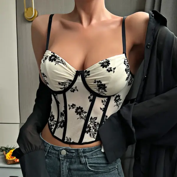 Embroidery Hollow Mesh Crop Top for Women - Image 5