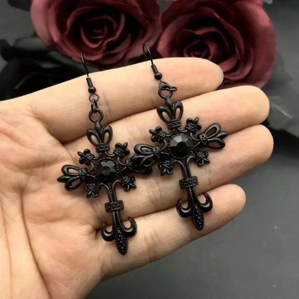 Gothic Cross Drop Earrings with Red Crystals - Image 4