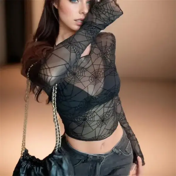 Black Spider Mesh Crop Top for Women - Image 5