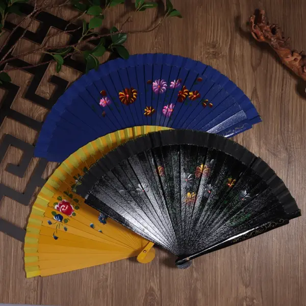 Wooden Folding Fan with Floral Design - Image 2