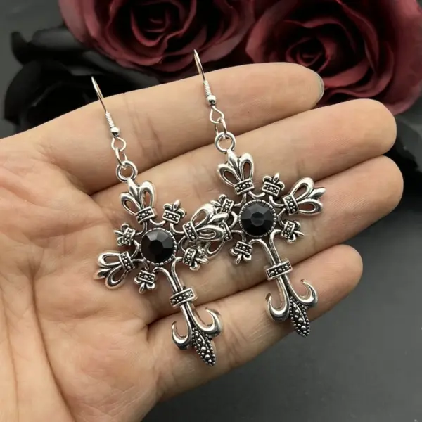 Gothic Cross Drop Earrings with Red Crystals - Image 2