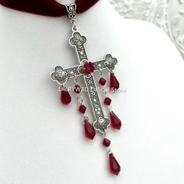 Large Red Gothic Cross Velvet Choker - Image 4