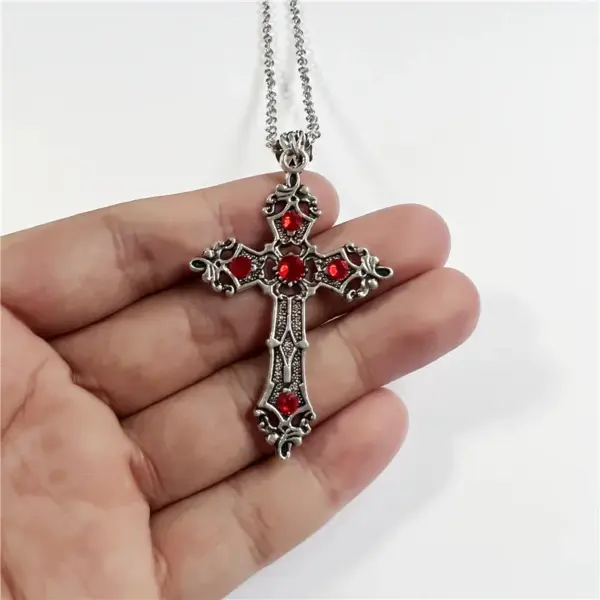 Gothic Silver Cross Necklace with Crystals - Image 3