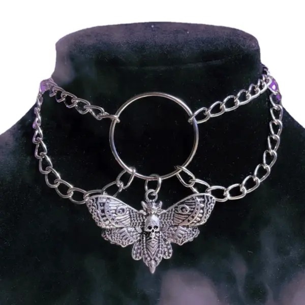 Gothic Moth Choker Necklace with Skull Pendant - Image 2