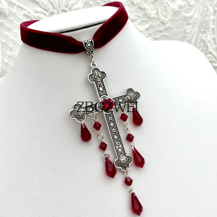 Neo-Gothic Red Velvet Cross Choker 4 Neo-Gothic Red Velvet Cross Choker - Image 4