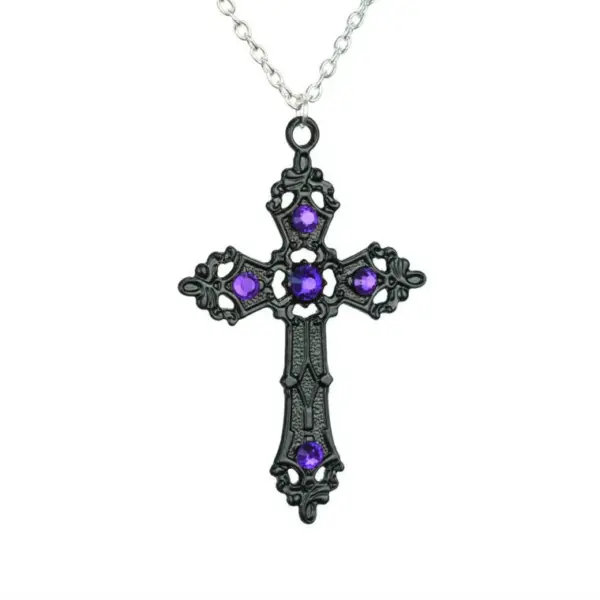 Gothic Silver Cross Necklace with Crystals - Image 6