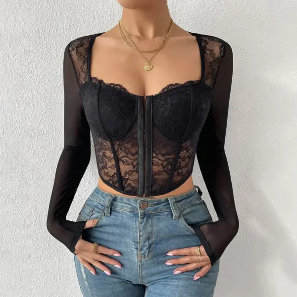 Backless Floral Lace Women's Crop Blouse - Image 3