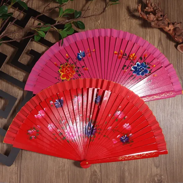 Wooden Folding Fan with Floral Design - Image 4