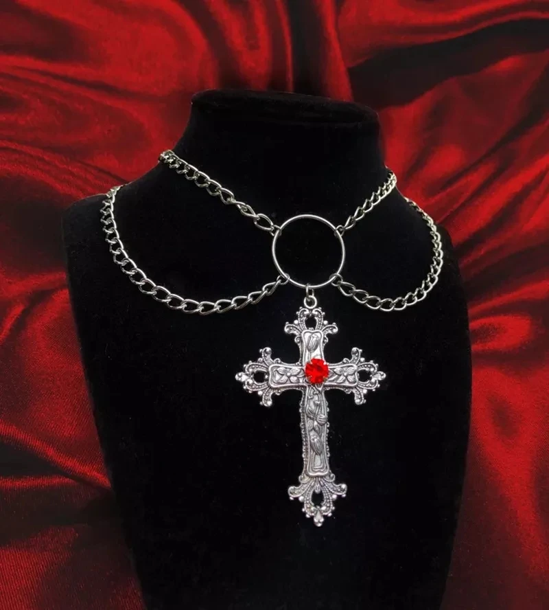 Neo-Gothic Red Velvet Cross Choker 7 Neo-Gothic Red Velvet Cross Choker - Image 7