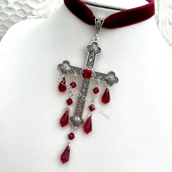 Large Red Gothic Cross Velvet Choker - Image 5