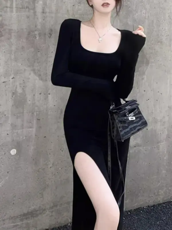 Elegant Black Side Slit Bodycon Dress - Image 6