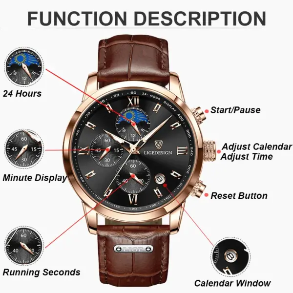 LIGE Mens Waterproof Quartz Chronograph Watch - Image 3