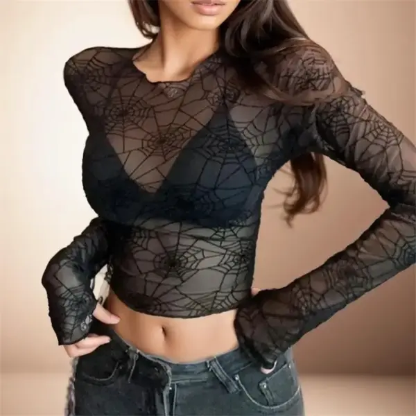 Black Spider Mesh Crop Top for Women - Image 4