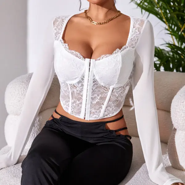 Backless Floral Lace Women's Crop Blouse - Image 5