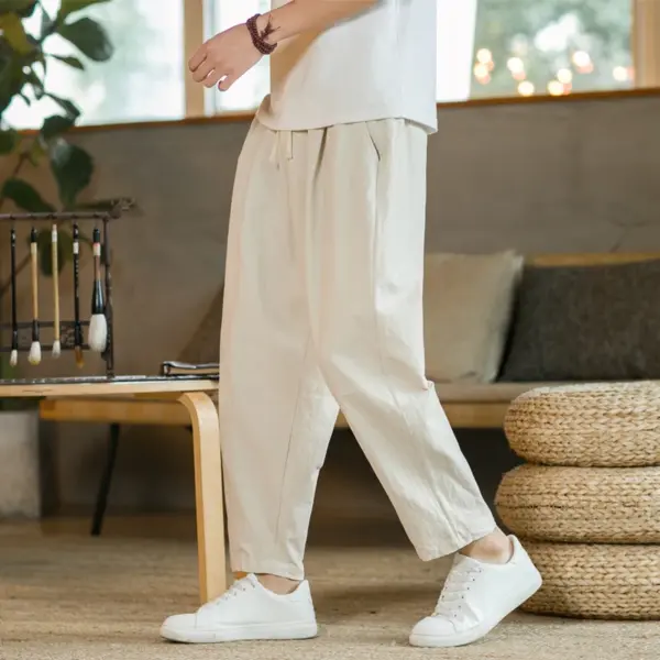 Men's Casual Cotton Linen Drawstring Trousers - Image 3