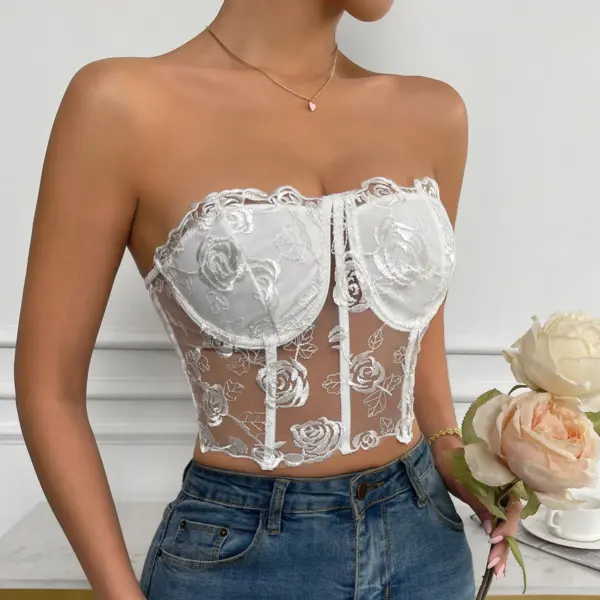 Floral Lace Strapless Crop Top for Women - Image 3