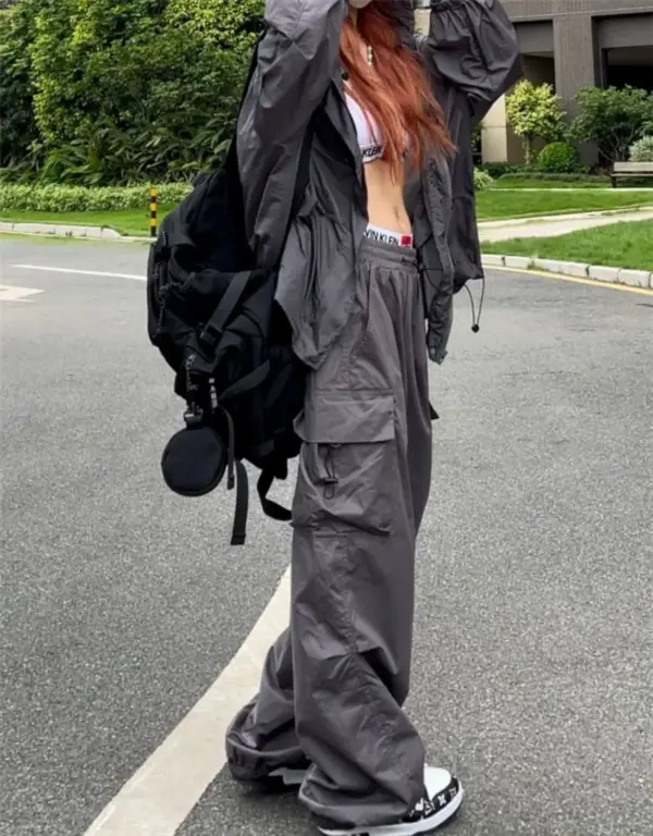 Y2K Black Cargo Parachute Pants for Women - Image 9