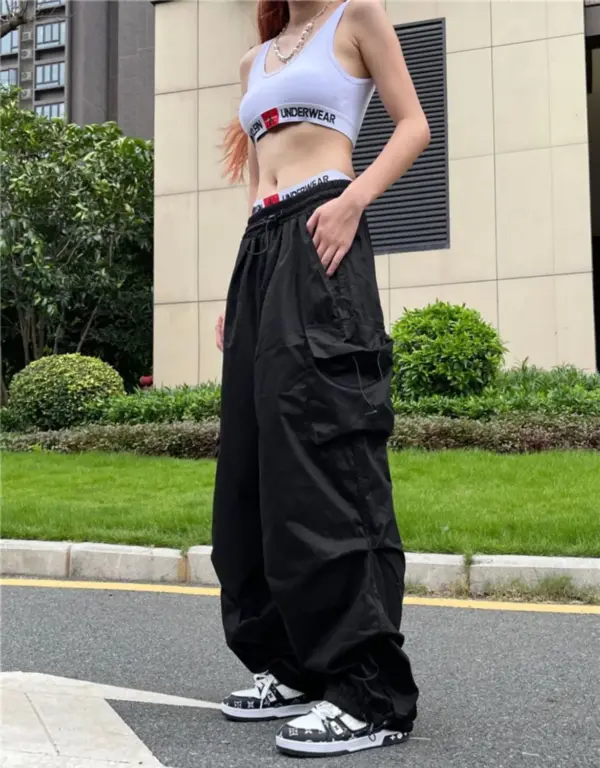 Y2K Black Cargo Parachute Pants for Women - Image 8