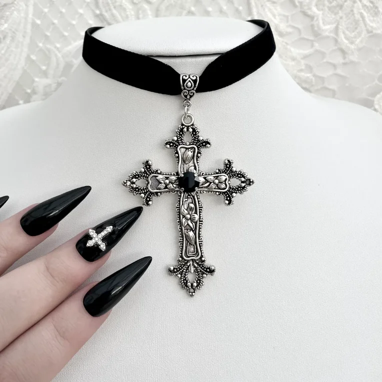 Neo-Gothic Red Velvet Cross Choker 13 Neo-Gothic Red Velvet Cross Choker - Image 13