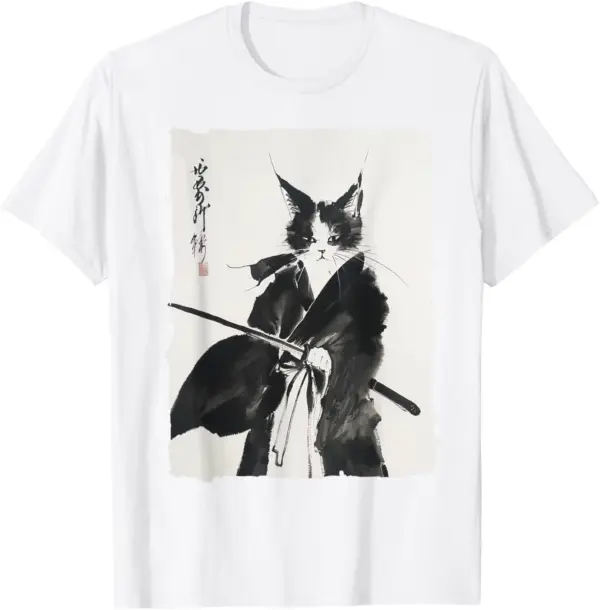Vintage Samurai Cat Graphic T-Shirt for Women - Image 10