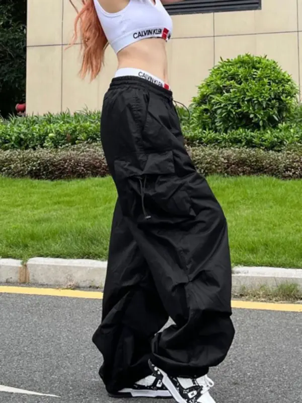 Y2K Black Cargo Parachute Pants for Women - Image 2