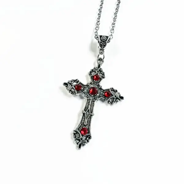 Gothic Silver Cross Necklace with Crystals - Image 5