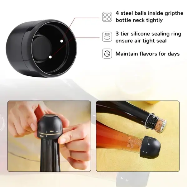 Vacuum Silicone Champagne Bottle Stopper Black - Image 2
