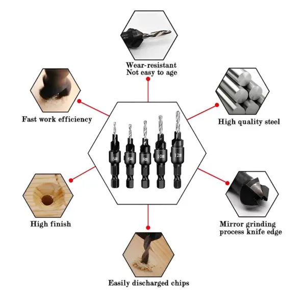 5-Piece Woodworking Countersink Drill Bit Set - Image 4