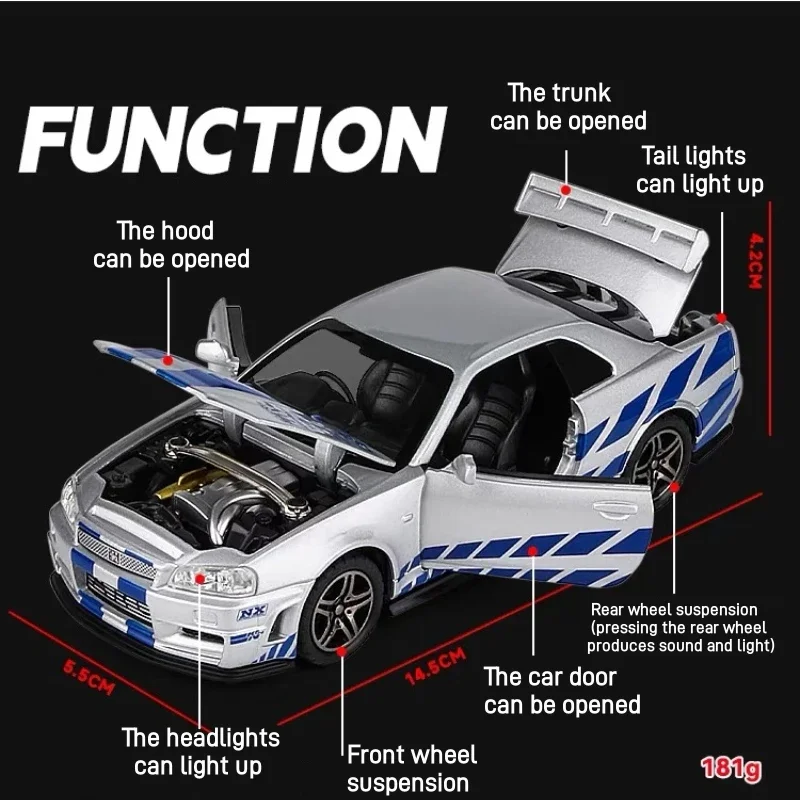1:32 Nissan Skyline GTR R34 Diecast Model Car 6 1:32 Nissan Skyline GTR R34 Diecast Model Car - Image 6