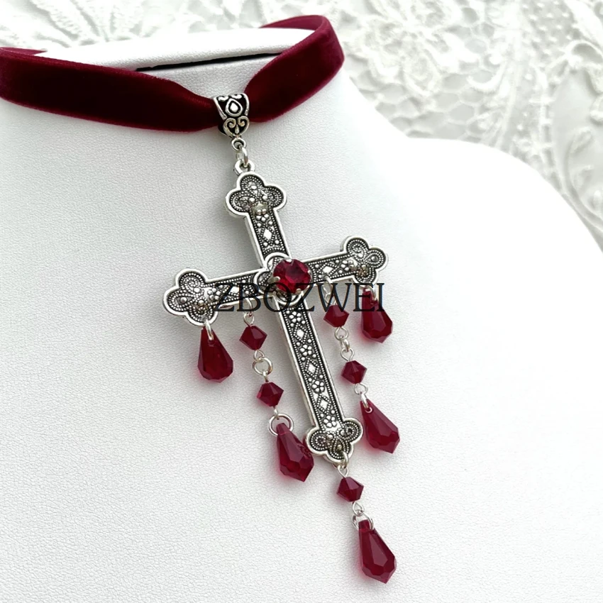 Neo-Gothic Red Velvet Cross Choker 6 Neo-Gothic Red Velvet Cross Choker - Image 6