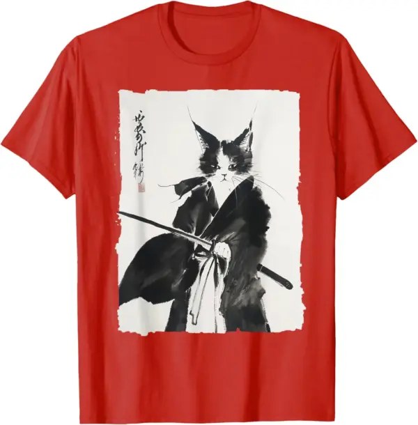 Vintage Samurai Cat Graphic T-Shirt for Women - Image 8