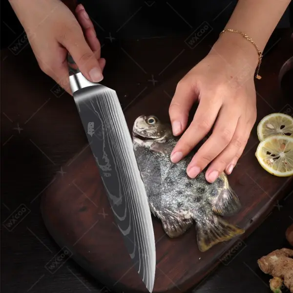 Stainless Steel Chef Knife Set with Damascus Design - Image 4