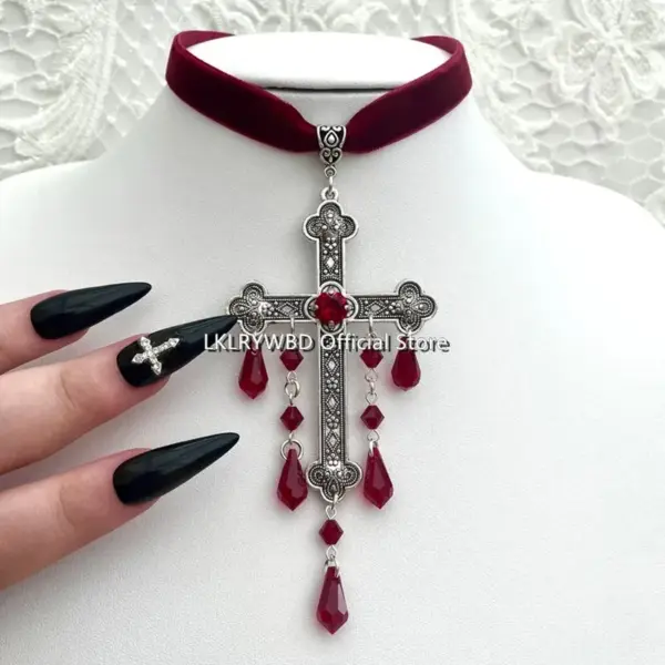 Large Red Gothic Cross Velvet Choker - Image 7