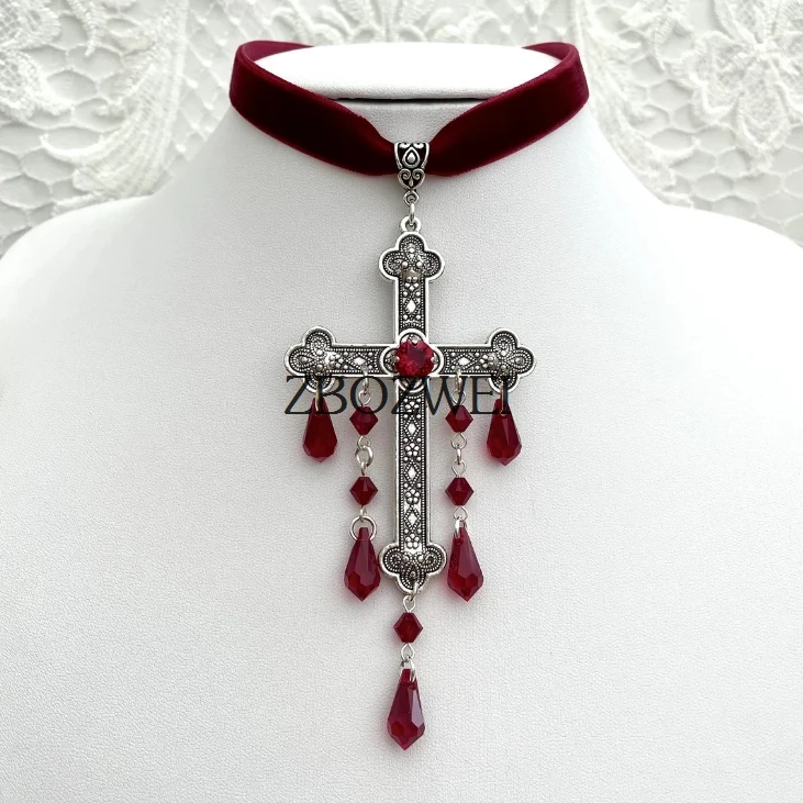 Neo-Gothic Red Velvet Cross Choker 3 Neo-Gothic Red Velvet Cross Choker - Image 3