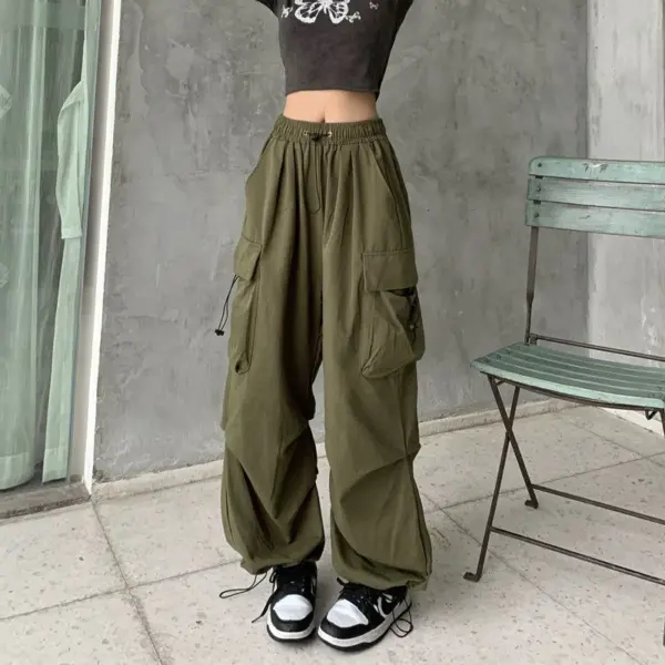 Y2K Black Cargo Parachute Pants for Women - Image 5