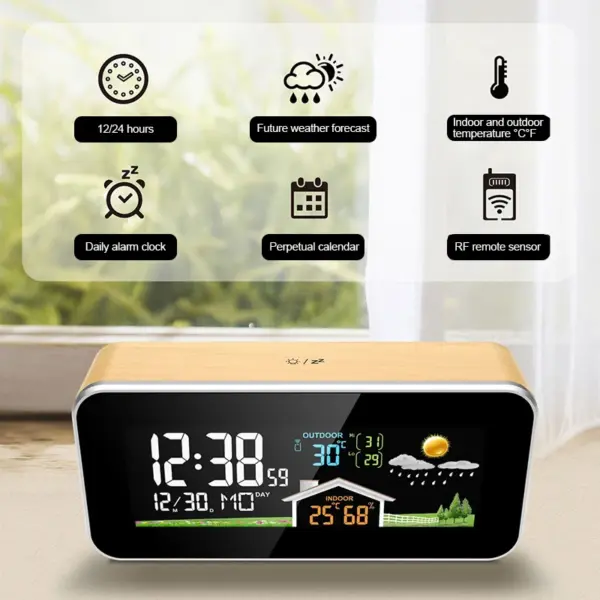 Wooden Digital Weather Station with Alarm Clock - Image 3